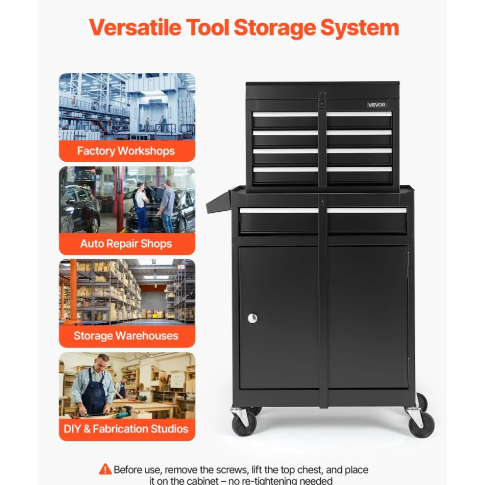 VEVOR Rolling Tool Chest, 2-in-1 Design, 5 Drawers Tool Cabinet Organizer with Detachable Top Metal Toolbox, Lock Bar, Protective Liner, and Tools Rack, Garage Storage Cabinet for Warehouse, Workshop