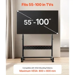 VEVOR Rolling TV Stand, Mobile TV Cart for 55-100 Inch Screens, Height Adjustable Portable Monitor Stand with Tray, Holds up to 205 lbs for Living Room, Bedroom, Office, Outdoor Max VESA 800 x 600 mm