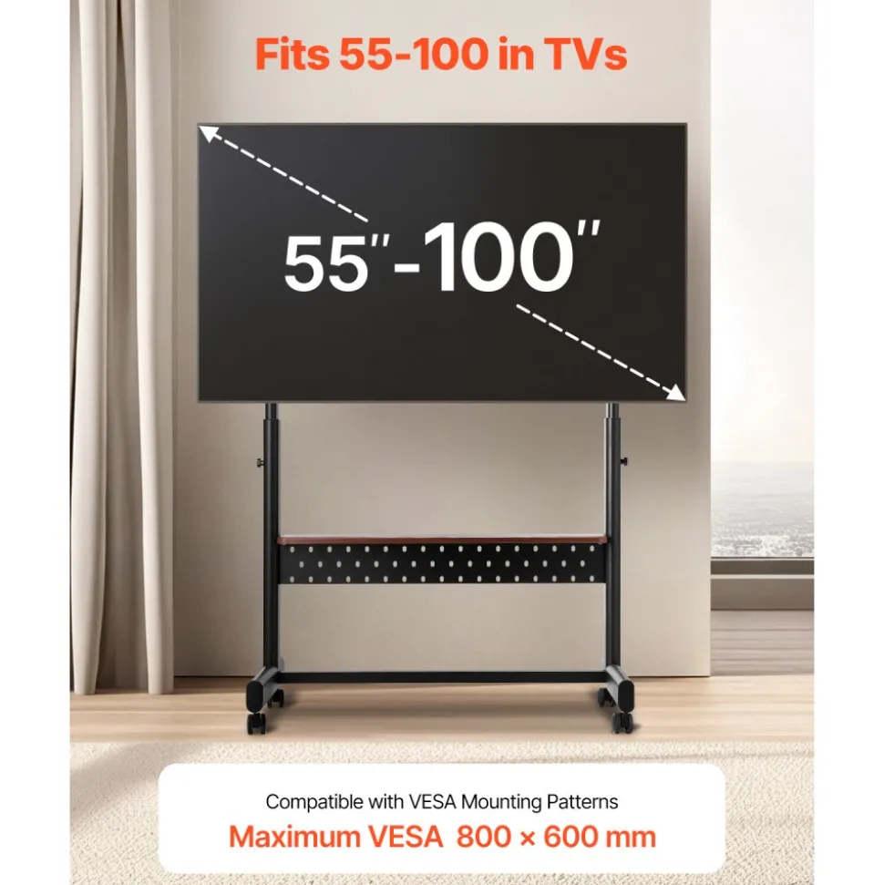 VEVOR Rolling TV Stand, Mobile TV Cart for 55-100 Inch Screens, Height Adjustable Portable Monitor Stand with Tray, Holds up to 205 lbs for Living Room, Bedroom, Office, Outdoor Max VESA 800 x 600 mm
