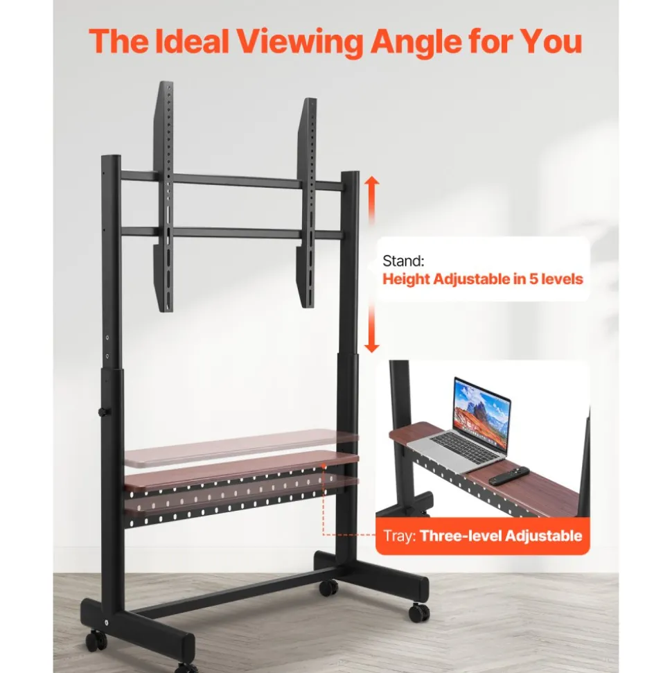 VEVOR Rolling TV Stand, Mobile TV Cart for 55-100 Inch Screens, Height Adjustable Portable Monitor Stand with Tray, Holds up to 205 lbs for Living Room, Bedroom, Office, Outdoor Max VESA 800 x 600 mm