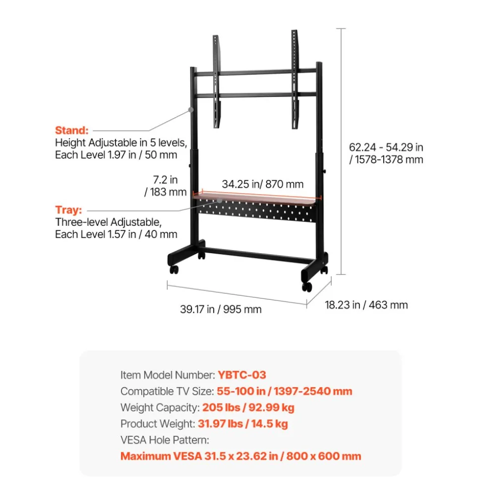 VEVOR Rolling TV Stand, Mobile TV Cart for 55-100 Inch Screens, Height Adjustable Portable Monitor Stand with Tray, Holds up to 205 lbs for Living Room, Bedroom, Office, Outdoor Max VESA 800 x 600 mm