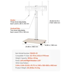 VEVOR Rolling TV Stand, Mobile TV Cart for 32-70 Inch Screens, 25° Left-Right Rotation and Height Adjustable TV Mount on Wheels, Holds up to 99 lbs for Corner, Bedroom, Outdoor, Max VESA 600x400mm