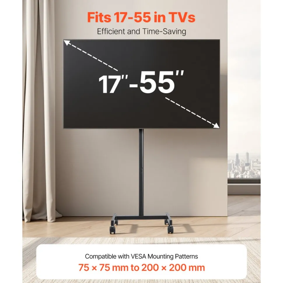 VEVOR Rolling TV Stand, Mobile TV Cart for 17-55 Inch Screens, Portrait to Landscape, Portable TV Stand with Wheels Holds up to 44 lbs for Living Room, Bedroom, Office, Outdoor, Max VESA 200x200mm