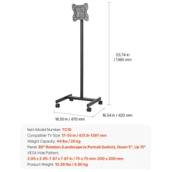 VEVOR Rolling TV Stand, Mobile TV Cart for 17-55 Inch Screens, Portrait to Landscape, Portable TV Stand with Wheels Holds up to 44 lbs for Living Room, Bedroom, Office, Outdoor, Max VESA 200x200mm