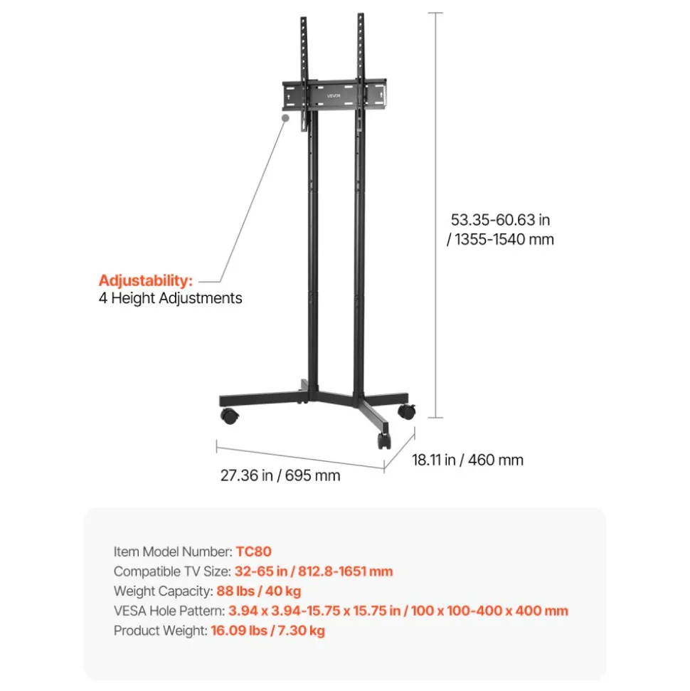 VEVOR Rolling TV Stand, Mobile TV Cart for 32-65 Inch Screens, Height Adjustable, Portable Monitor Stand with Wheels Holds up to 88 lbs for Living Room, Bedroom, Office, Outdoor, Max VESA 400x400mm