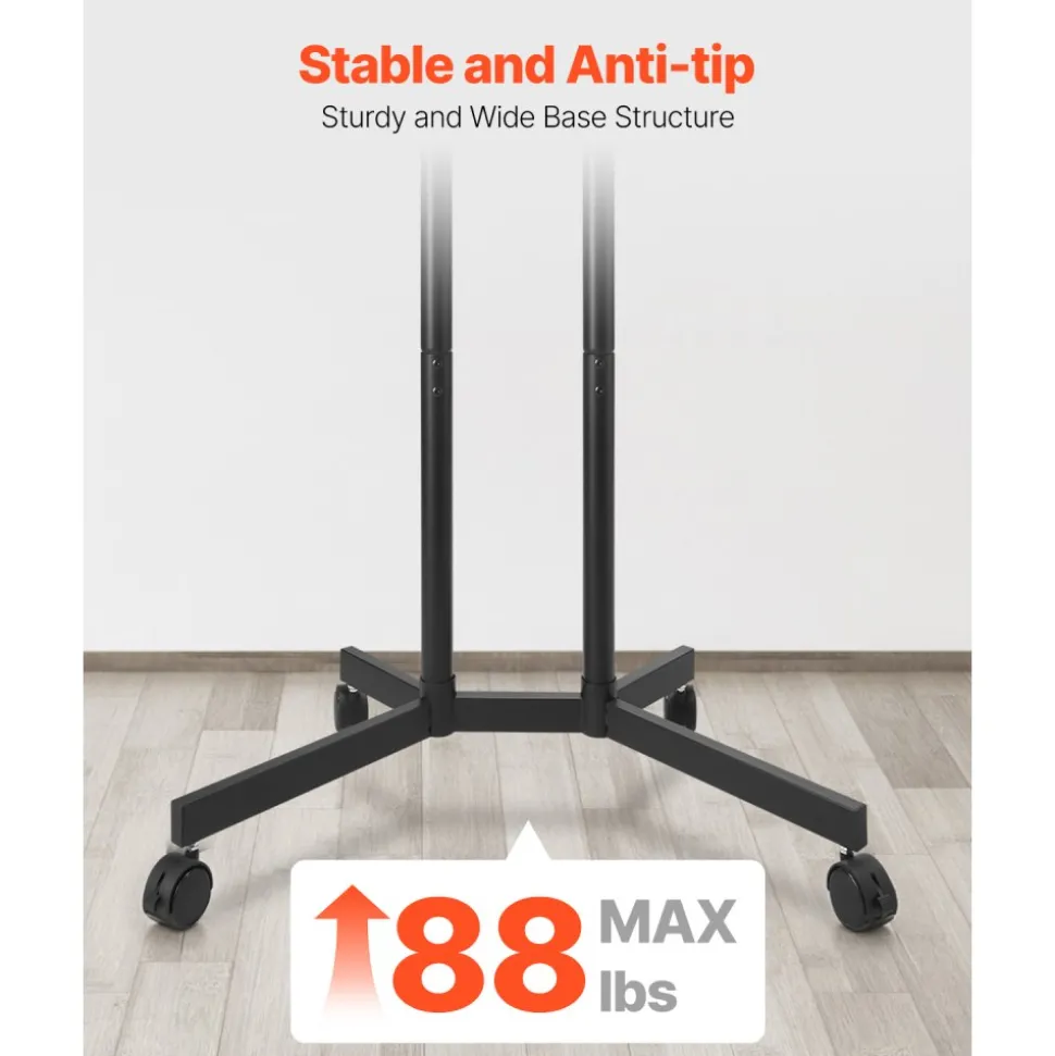 VEVOR Rolling TV Stand, Mobile TV Cart for 32-65 Inch Screens, Height Adjustable, Portable Monitor Stand with Wheels Holds up to 88 lbs for Living Room, Bedroom, Office, Outdoor, Max VESA 400x400mm