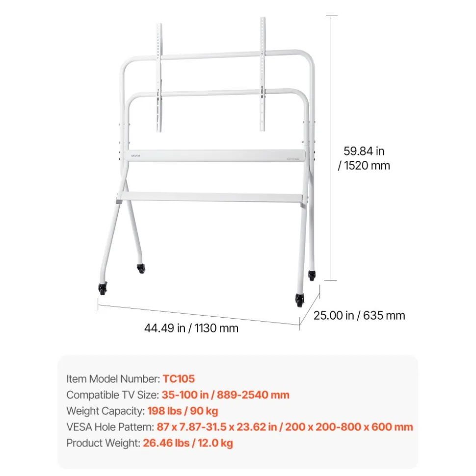 VEVOR Rolling TV Stand, Mobile TV Cart for 35-100 Inch LED/LCD/OLED Flat/Curved TVs, Portable Monitor Stand with Wheels Hold up to 198 lbs for Living Room, Bedroom, Office, Outdoor, Max VESA 800x600mm