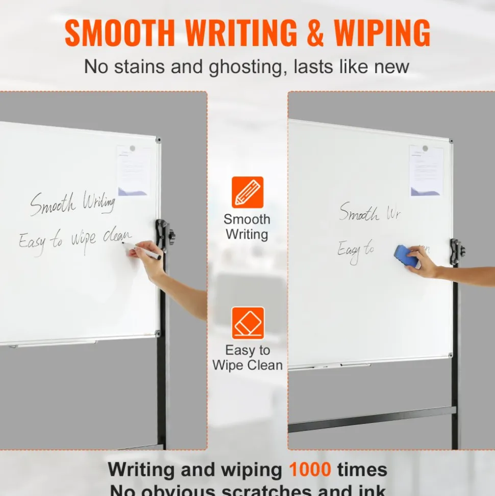 VEVOR Rolling Whiteboard, 48x32 inch Double-Sided Magnetic Mobile Whiteboard, 360° Reversible Adjustable Height Dry Erase Board with Wheels & Movable Tray for Office School
