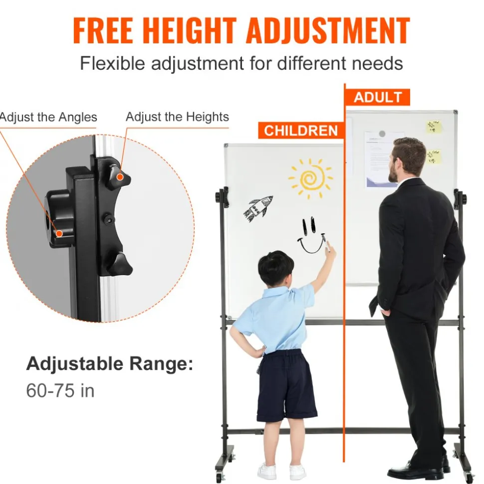 VEVOR Rolling Whiteboard, 48x32 inch Double-Sided Magnetic Mobile Whiteboard, 360° Reversible Adjustable Height Dry Erase Board with Wheels & Movable Tray for Office School
