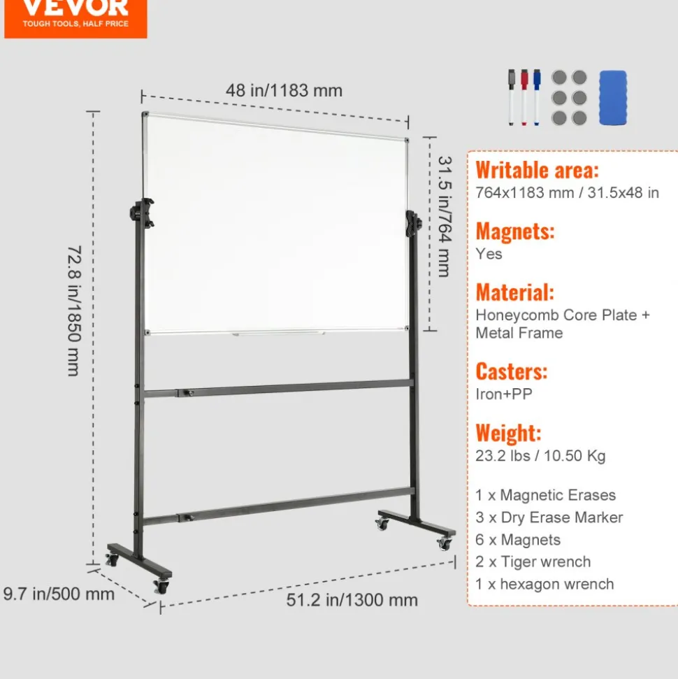 VEVOR Rolling Whiteboard, 48x32 inch Double-Sided Magnetic Mobile Whiteboard, 360° Reversible Adjustable Height Dry Erase Board with Wheels & Movable Tray for Office School