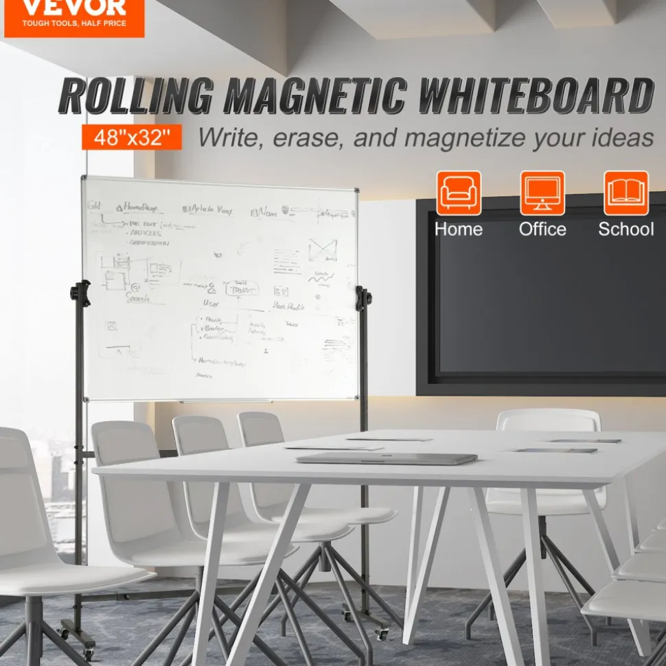 VEVOR Rolling Whiteboard, 48x32 inch Double-Sided Magnetic Mobile Whiteboard, 360° Reversible Adjustable Height Dry Erase Board with Wheels & Movable Tray for Office School