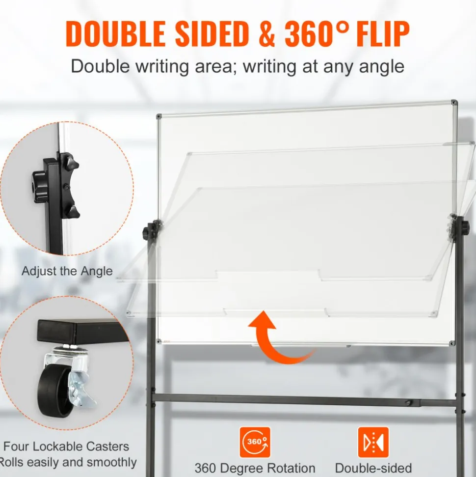 VEVOR Rolling Whiteboard, 48x32 inch Double-Sided Magnetic Mobile Whiteboard, 360° Reversible Adjustable Height Dry Erase Board with Wheels & Movable Tray for Office School