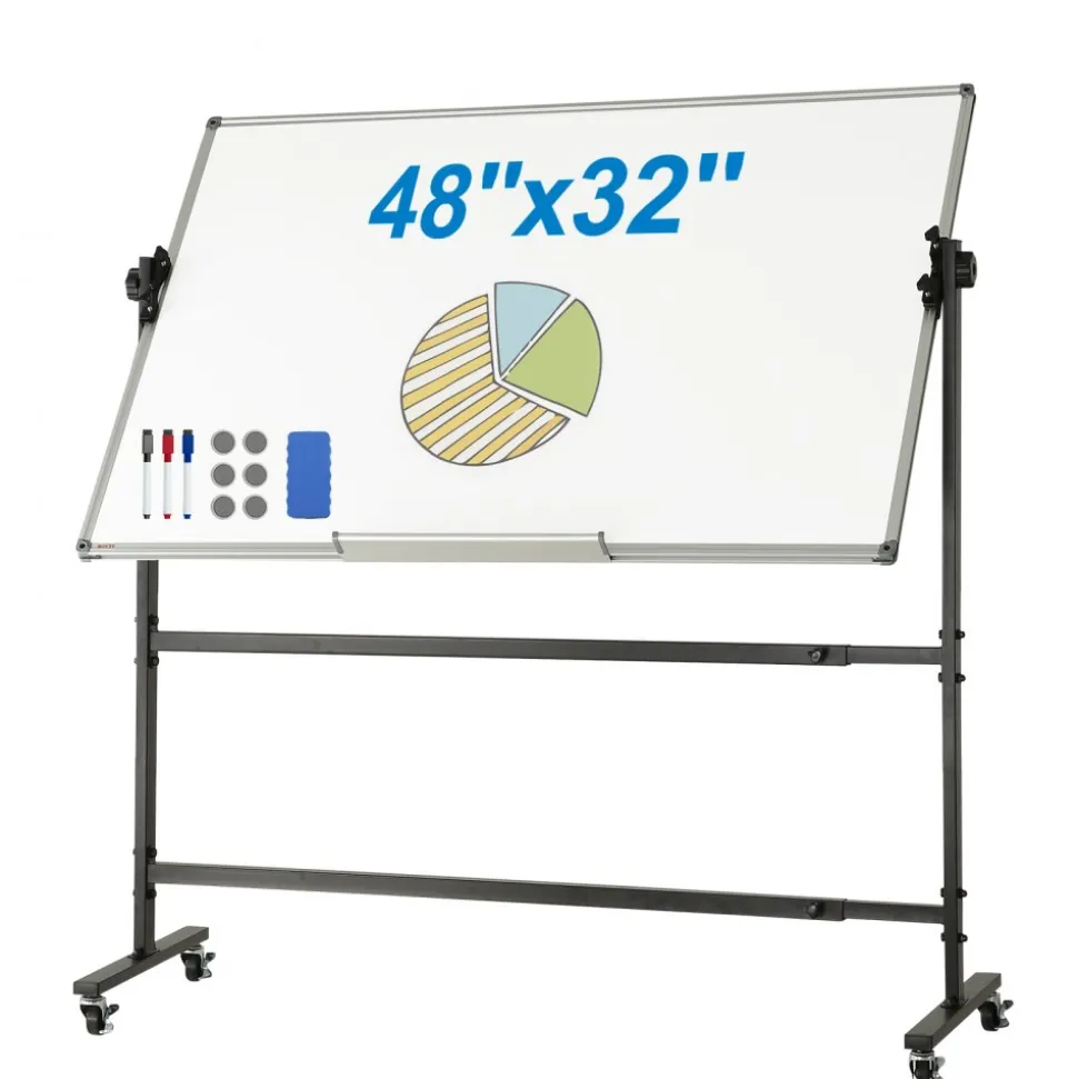 VEVOR Rolling Whiteboard, 48x32 inch Double-Sided Magnetic Mobile Whiteboard, 360° Reversible Adjustable Height Dry Erase Board with Wheels & Movable Tray for Office School