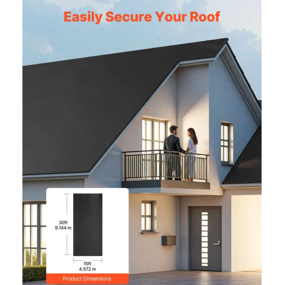 VEVOR Roll Roofing, 15 x 30 ft, 45 mil EPDM Rubber Roofing, Long Lifespan & Weather-resistant, Withstands Harsh Temperatures, Flexible & Easy Installation, Roof Underlayment for RVs, Roofs, Ponds