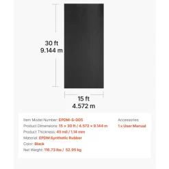 VEVOR Roll Roofing, 15 x 30 ft, 45 mil EPDM Rubber Roofing, Long Lifespan & Weather-resistant, Withstands Harsh Temperatures, Flexible & Easy Installation, Roof Underlayment for RVs, Roofs, Ponds