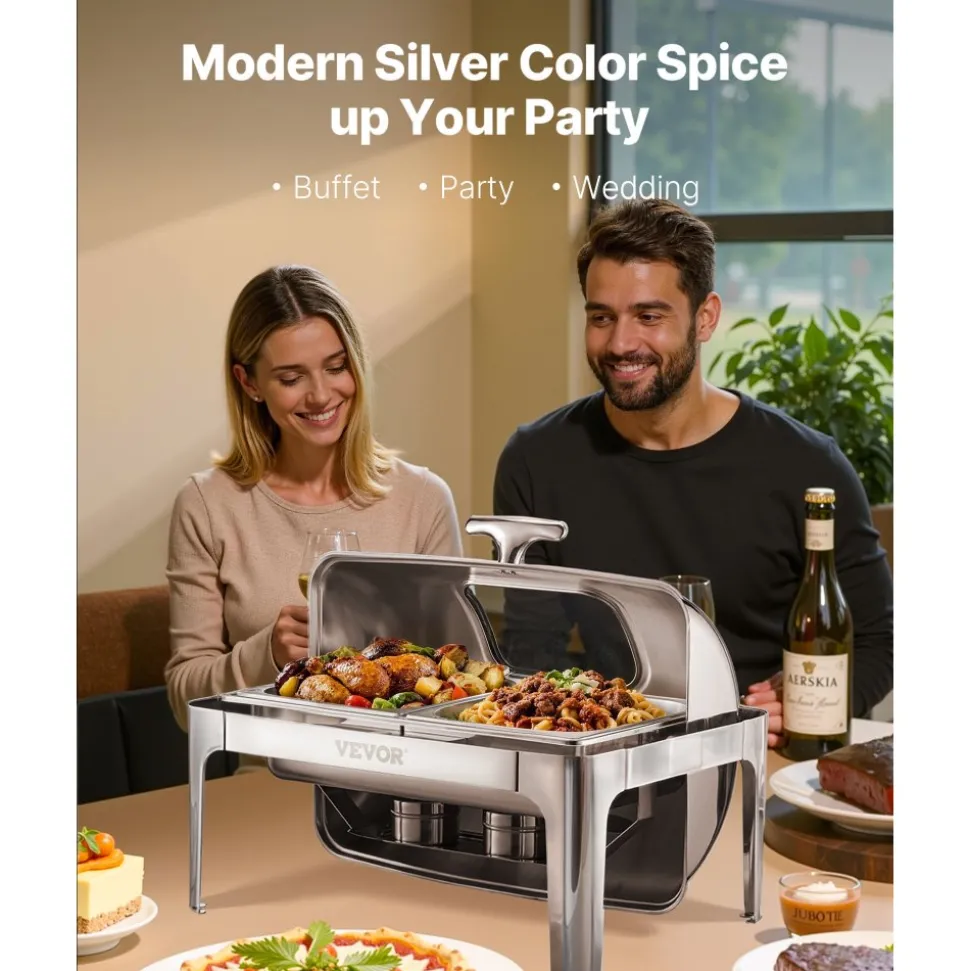 VEVOR Roll Top Chafing Dish Buffet Complete Set, 9 Qt 1 Pack Stainless Steel Chafer with 2 Half Size Pans, Rectangle Catering Warmer Server with Visible Lid Water Pan Folding Stand Fuel Holder, Silver