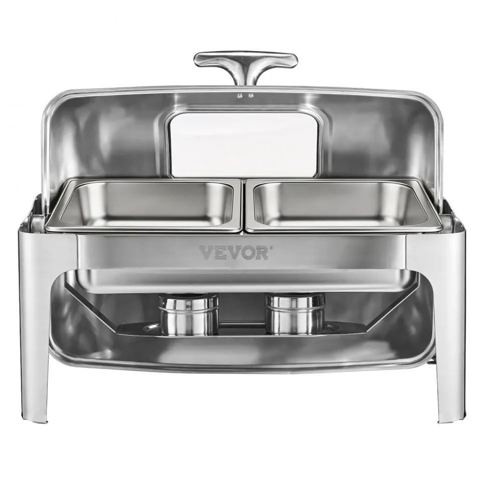 VEVOR Roll Top Chafing Dish Buffet Complete Set, 9 Qt 1 Pack Stainless Steel Chafer with 2 Half Size Pans, Rectangle Catering Warmer Server with Visible Lid Water Pan Folding Stand Fuel Holder, Silver