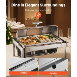 VEVOR Roll Top Chafing Dish Buffet Complete Set, 9 Qt 1 Pack Stainless Steel Chafer with 2 Half Size Pans, Rectangle Catering Warmer Server with Visible Lid Water Pan Folding Stand Fuel Holder, Silver