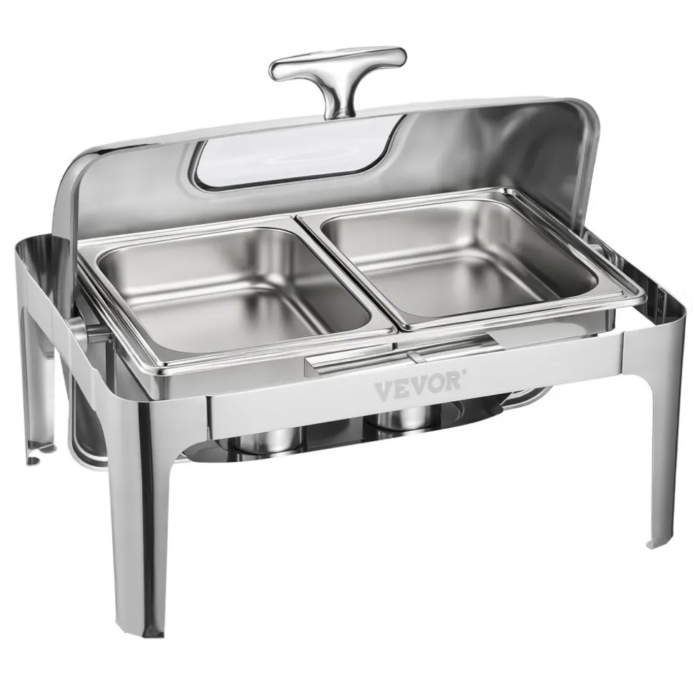 VEVOR Roll Top Chafing Dish Buffet Complete Set, 9 Qt 1 Pack Stainless Steel Chafer with 2 Half Size Pans, Rectangle Catering Warmer Server with Visible Lid Water Pan Folding Stand Fuel Holder, Silver