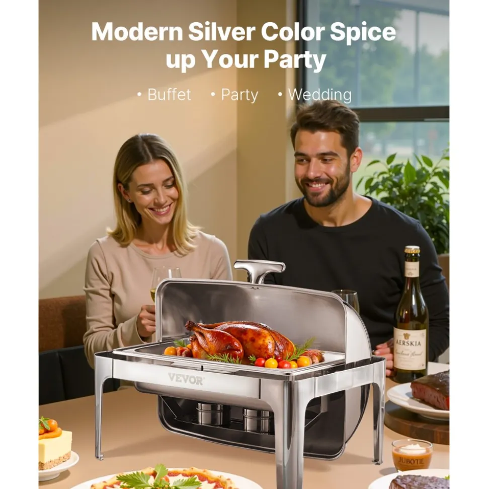 VEVOR Roll Top Chafing Dish Buffet Complete Set, 9Qt Stainless Steel Chafer with Full Size Pan, Rectangle Catering Warmer Server with Lid Water Pan Folding Stand Fuel Holder Meal Clip, Silver