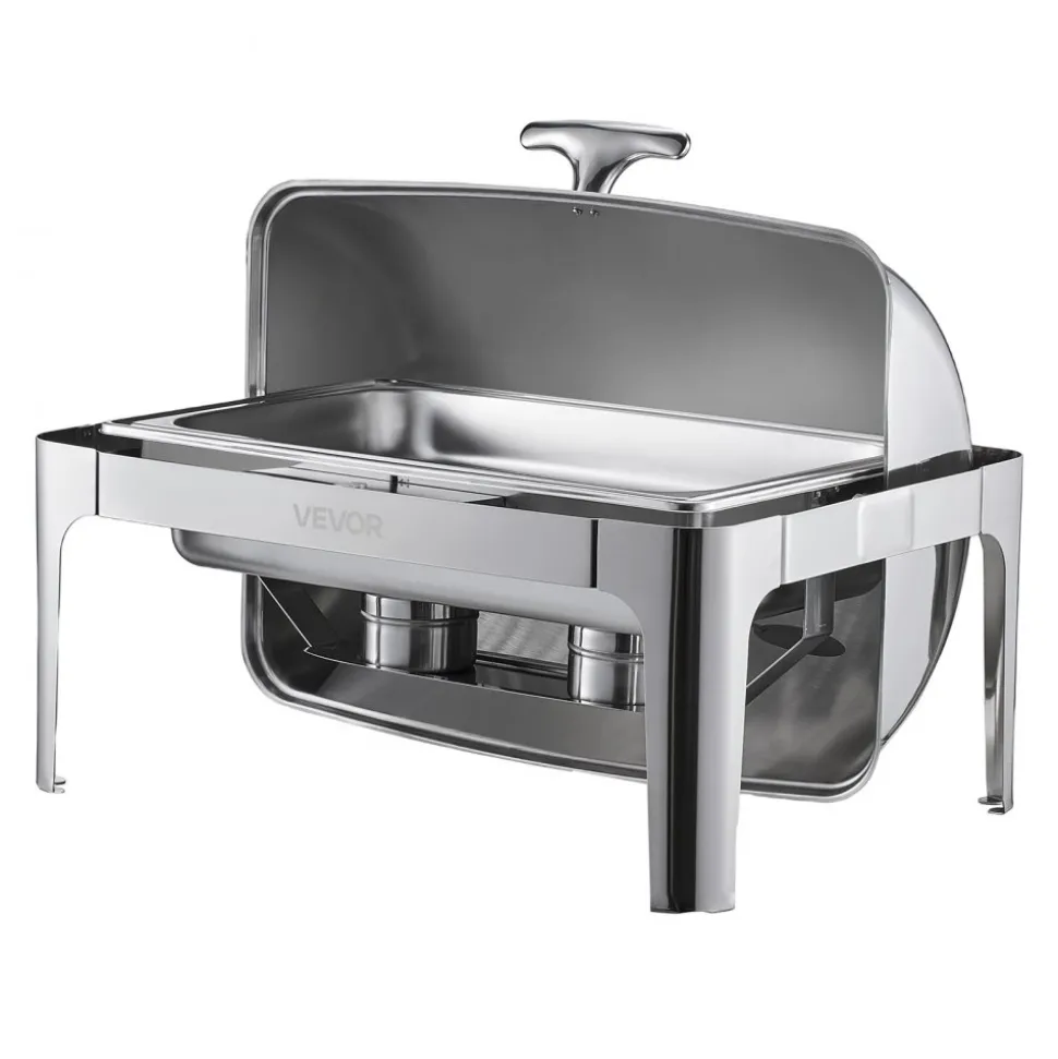 VEVOR Roll Top Chafing Dish Buffet Complete Set, 9Qt Stainless Steel Chafer with Full Size Pan, Rectangle Catering Warmer Server with Lid Water Pan Folding Stand Fuel Holder Meal Clip, Silver