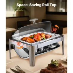 VEVOR Roll Top Chafing Dish Buffet Complete Set, 9Qt Stainless Steel Chafer with Full Size Pan, Rectangle Catering Warmer Server with Lid Water Pan Folding Stand Fuel Holder Meal Clip, Silver