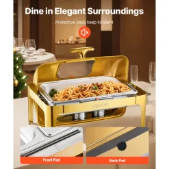 VEVOR Roll Top Chafing Dish Buffet Complete Set, 9Qt Stainless Steel Chafer with Full Size Pan, Rectangle Catering Warmer Server with Visible Lid Water Pan Folding Stand Fuel Holder Meal Clip, Gold