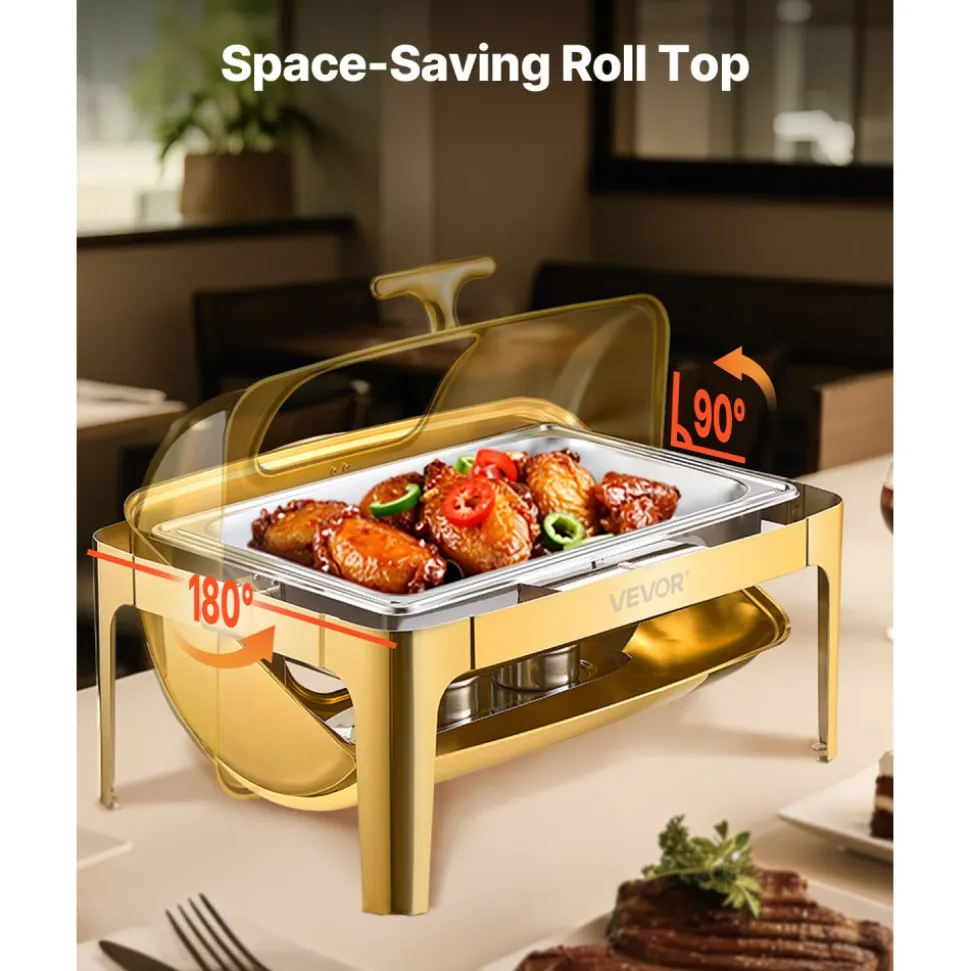 VEVOR Roll Top Chafing Dish Buffet Complete Set, 9Qt Stainless Steel Chafer with Full Size Pan, Rectangle Catering Warmer Server with Visible Lid Water Pan Folding Stand Fuel Holder Meal Clip, Gold