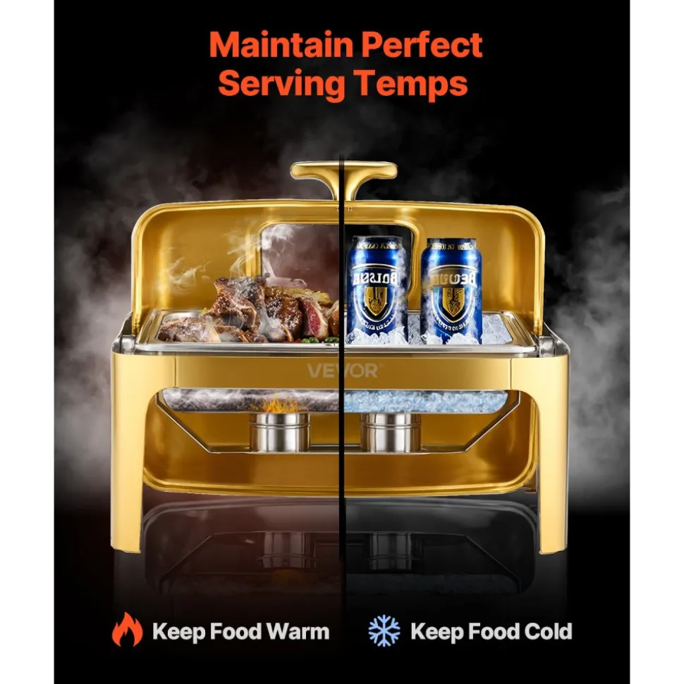 VEVOR Roll Top Chafing Dish Buffet Complete Set, 9Qt Stainless Steel Chafer with Full Size Pan, Rectangle Catering Warmer Server with Visible Lid Water Pan Folding Stand Fuel Holder Meal Clip, Gold