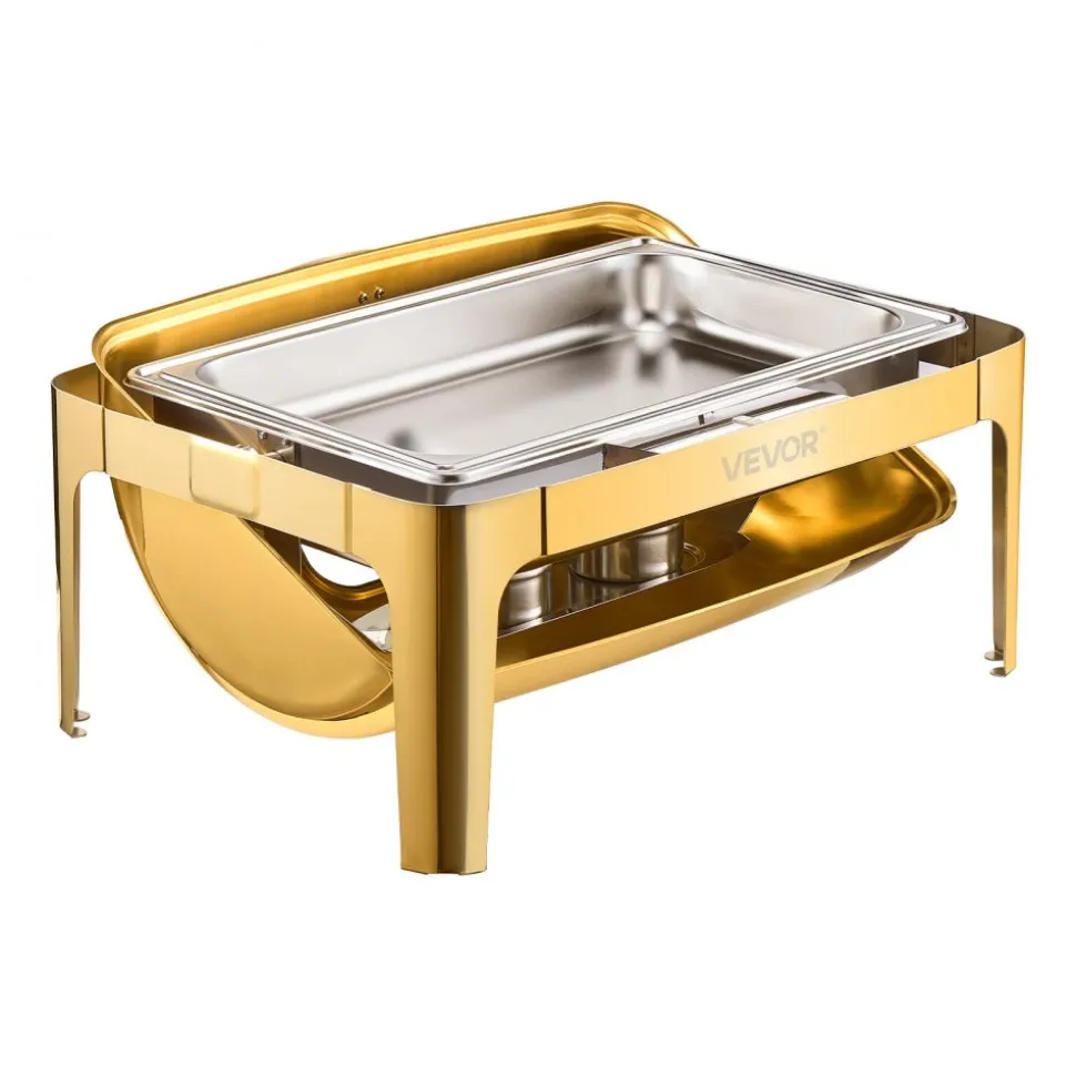 VEVOR Roll Top Chafing Dish Buffet Complete Set, 9Qt Stainless Steel Chafer with Full Size Pan, Rectangle Catering Warmer Server with Visible Lid Water Pan Folding Stand Fuel Holder Meal Clip, Gold
