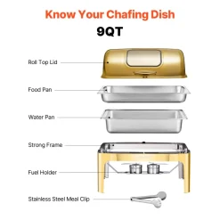 VEVOR Roll Top Chafing Dish Buffet Complete Set, 9Qt Stainless Steel Chafer with Full Size Pan, Rectangle Catering Warmer Server with Visible Lid Water Pan Folding Stand Fuel Holder Meal Clip, Gold