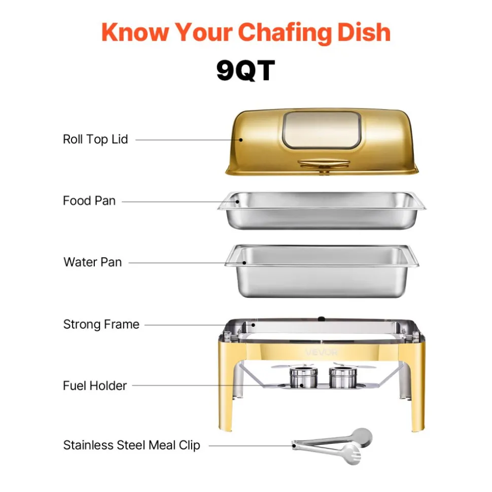 VEVOR Roll Top Chafing Dish Buffet Complete Set, 9Qt Stainless Steel Chafer with Full Size Pan, Rectangle Catering Warmer Server with Visible Lid Water Pan Folding Stand Fuel Holder Meal Clip, Gold