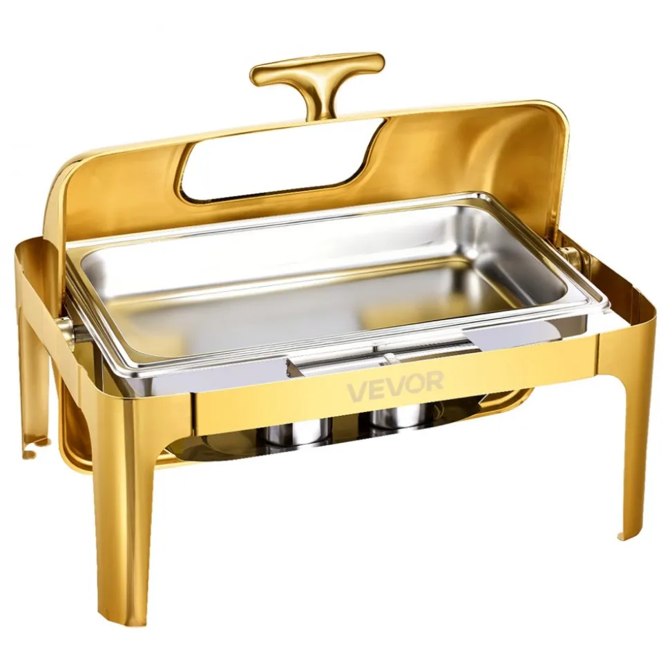 VEVOR Roll Top Chafing Dish Buffet Complete Set, 9Qt Stainless Steel Chafer with Full Size Pan, Rectangle Catering Warmer Server with Visible Lid Water Pan Folding Stand Fuel Holder Meal Clip, Gold