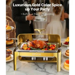 VEVOR Roll Top Chafing Dish Buffet Complete Set, 9Qt Stainless Steel Chafer with Full Size Pan, Rectangle Catering Warmer Server with Visible Lid Water Pan Folding Stand Fuel Holder Meal Clip, Gold