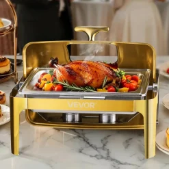VEVOR Roll Top Chafing Dish Buffet Complete Set, 9Qt Stainless Steel Chafer with Full Size Pan, Rectangle Catering Warmer Server with Visible Lid Water Pan Folding Stand Fuel Holder Meal Clip, Gold