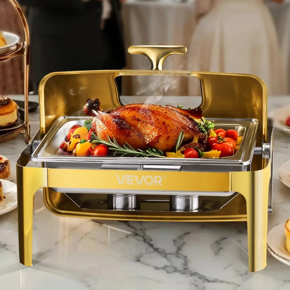 VEVOR Roll Top Chafing Dish Buffet Complete Set, 9Qt Stainless Steel Chafer with Full Size Pan, Rectangle Catering Warmer Server with Visible Lid Water Pan Folding Stand Fuel Holder Meal Clip, Gold