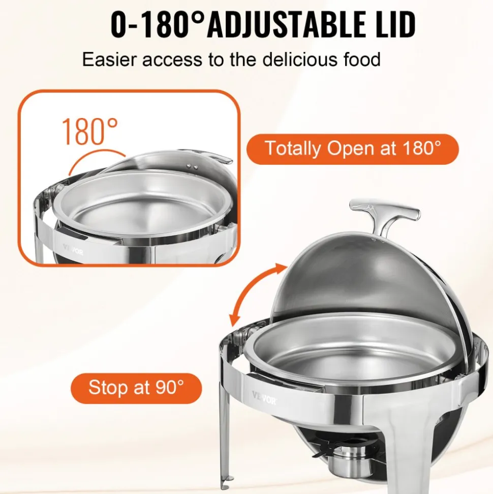 VEVOR Roll Top Chafing Dish Buffet Set, 6 Qt 2 Pack, Stainless Steel Chafer with 2 Full Size Pans, Round Catering Warmer Server with Lid Water Pan Stand Fuel Holder, for at Least 5 People Each