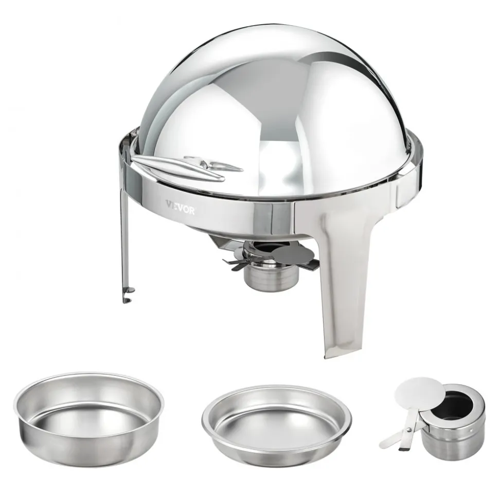 VEVOR Roll Top Chafing Dish Buffet Set, 6 Qt 2 Pack, Stainless Steel Chafer with 2 Full Size Pans, Round Catering Warmer Server with Lid Water Pan Stand Fuel Holder, for at Least 5 People Each