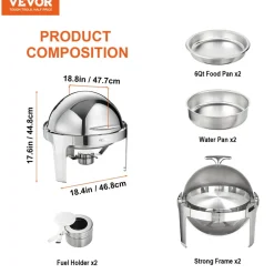 VEVOR Roll Top Chafing Dish Buffet Set, 6 Qt 2 Pack, Stainless Steel Chafer with 2 Full Size Pans, Round Catering Warmer Server with Lid Water Pan Stand Fuel Holder, for at Least 5 People Each