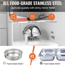VEVOR Roll Top Chafing Dish Buffet Set, 6 Qt 2 Pack, Stainless Steel Chafer with 2 Full Size Pans, Round Catering Warmer Server with Lid Water Pan Stand Fuel Holder, for at Least 5 People Each