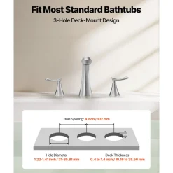 VEVOR Roman Tub Faucet, 3 Hole Waterfall Bathtub Faucet, Bath Tubs Faucets Set with 2 Handles, Roman Tub Faucets Deck Mount for Pet Washing, Baby Care, Adult Bathing, Silver, Right-Angle Tub Faucet