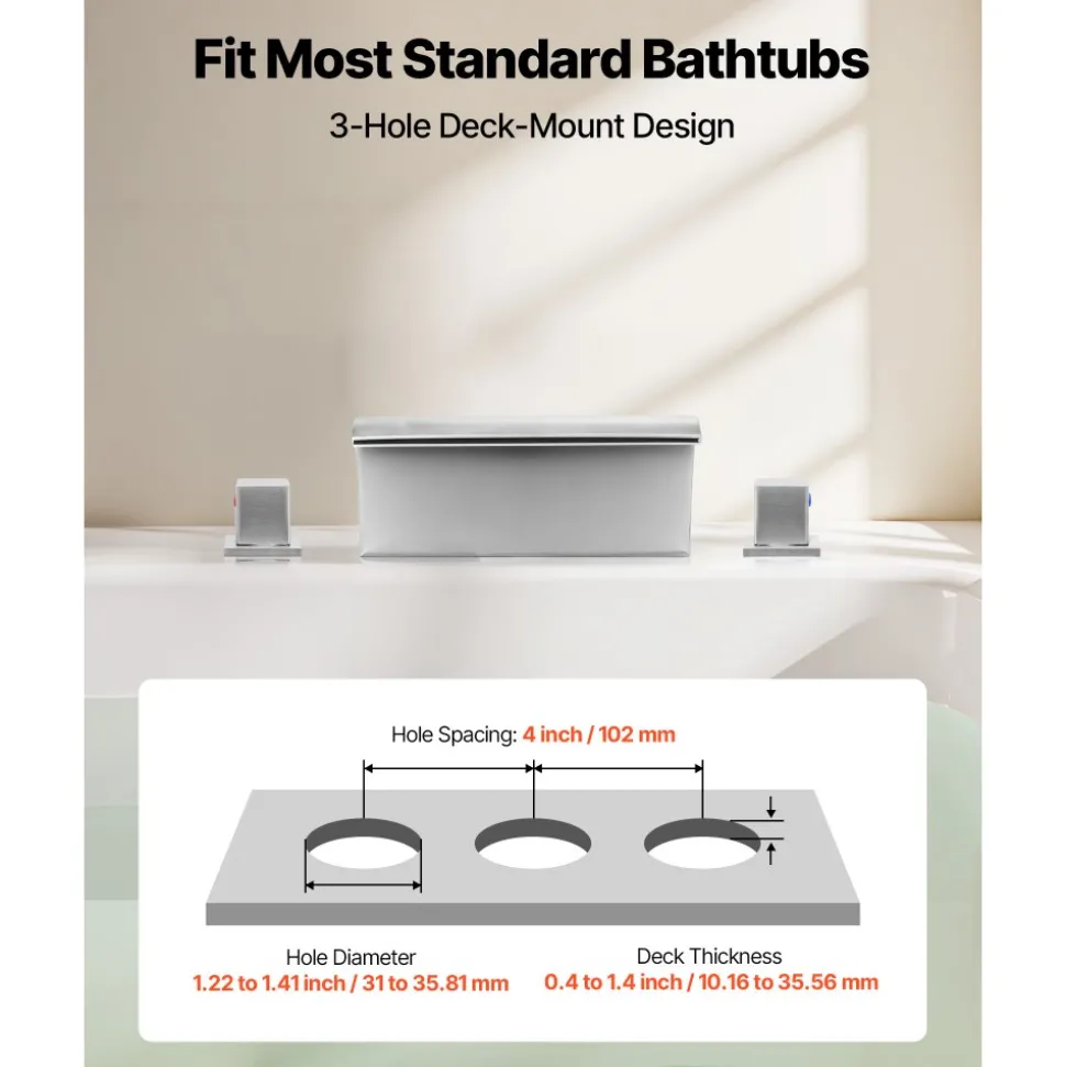VEVOR Roman Tub Faucet, 3 Hole Waterfall Bathtub Faucet, Bath Tubs Faucets Set with 2 Handles, Deck Mount Bath Tub Faucets Set for Adult Bathing, Silver, Waterfall Spout Design, Temperature Control