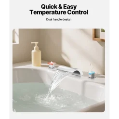 VEVOR Roman Tub Faucet, 3 Hole Waterfall Bathtub Faucet, Bath Tubs Faucets Set with 2 Handles, Deck Mount Bath Tub Faucets Set for Adult Bathing, Silver, Waterfall Spout Design, Temperature Control