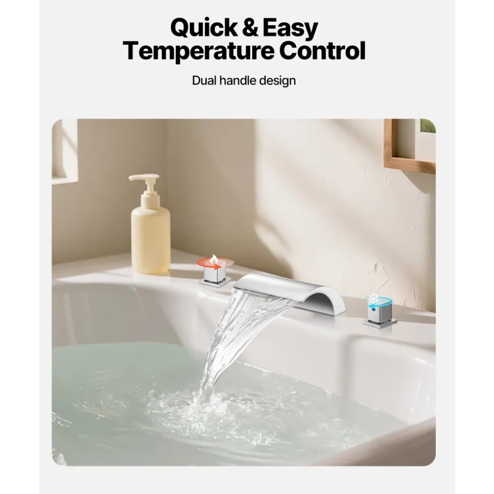 VEVOR Roman Tub Faucet, 3 Hole Waterfall Bathtub Faucet, Bath Tubs Faucets Set with 2 Handles, Deck Mount Bath Tub Faucets Set for Adult Bathing, Silver, Waterfall Spout Design, Temperature Control