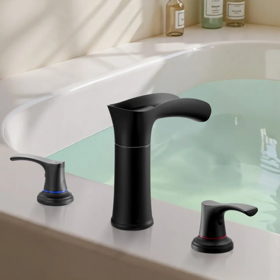 VEVOR Roman Tub Faucet, 3 Hole Waterfall Bathtub Faucet, Zinc Alloy Bath Tubs Faucets Set with 2 Handles, Deck Mount Bath Tub Faucets Set for Pet Washing, Baby Care, Adult Bathing, Matte Black