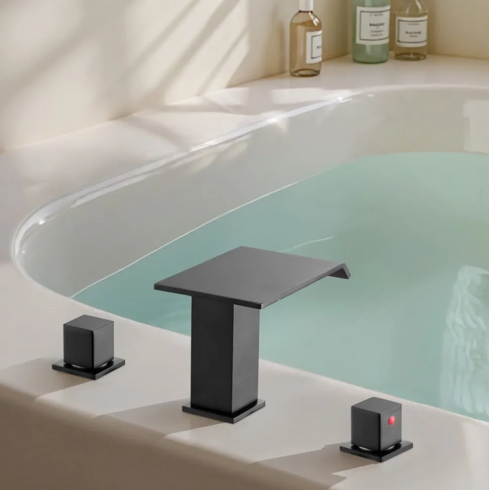VEVOR Roman Tub Faucet, 3 Hole Waterfall Bathtub Faucet, Roman Bathtub Faucets Set with 2 Handles, Deck Mount Bath Tub Faucets Set for Pet Washing, Baby Care, Adult Bathing, Matte Black, Drip-Free