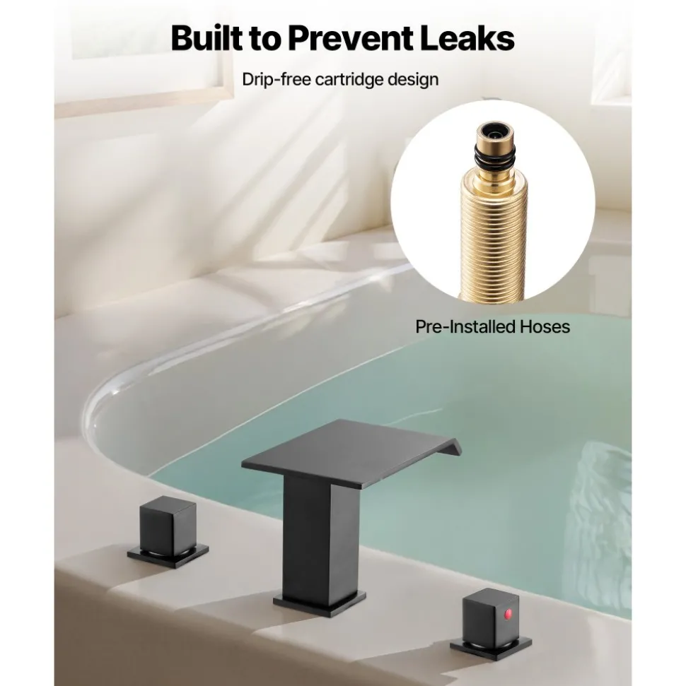 VEVOR Roman Tub Faucet, 3 Hole Waterfall Bathtub Faucet, Roman Bathtub Faucets Set with 2 Handles, Deck Mount Bath Tub Faucets Set for Pet Washing, Baby Care, Adult Bathing, Matte Black, Drip-Free