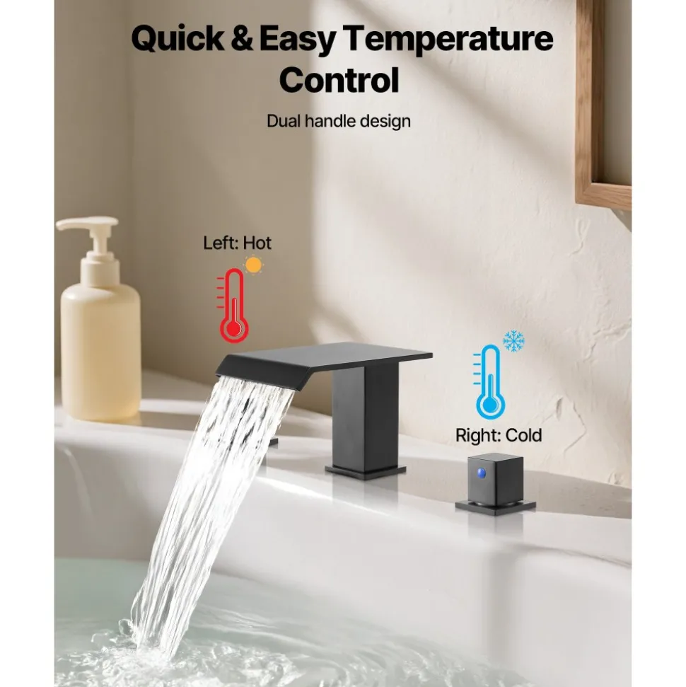 VEVOR Roman Tub Faucet, 3 Hole Waterfall Bathtub Faucet, Roman Bathtub Faucets Set with 2 Handles, Deck Mount Bath Tub Faucets Set for Pet Washing, Baby Care, Adult Bathing, Matte Black, Drip-Free