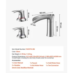 VEVOR Roman Tub Faucet, 3 Hole Waterfall Bathtub Faucet, Zinc Alloy Bath Tubs Faucets Set with 2 Handles, Deck Mount Bath Tub Faucets Set for Pet Washing, Adult Bathing, Silver, Hot & Cold Control