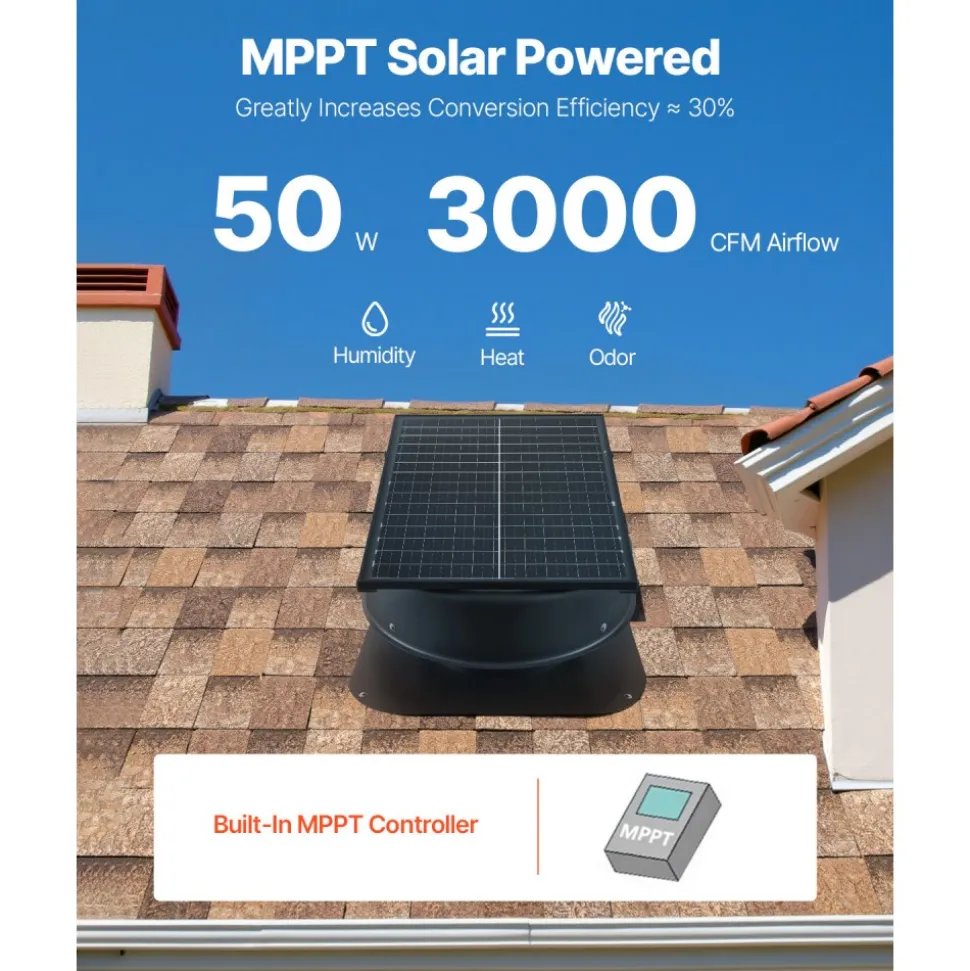 VEVOR Roof Attic Exhaust Fan, 50W Smart Solar Roof Ventilation Fan with Thermostat, Remote Control, 3000 CFM Airflow Built-in Smoke Sensor with Auto Stop for Cooling and Dehumidification